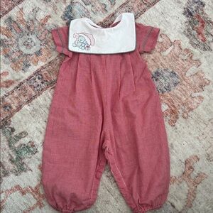 Vintage Red Gingham Baby Romper with Embroidered Holiday Collar